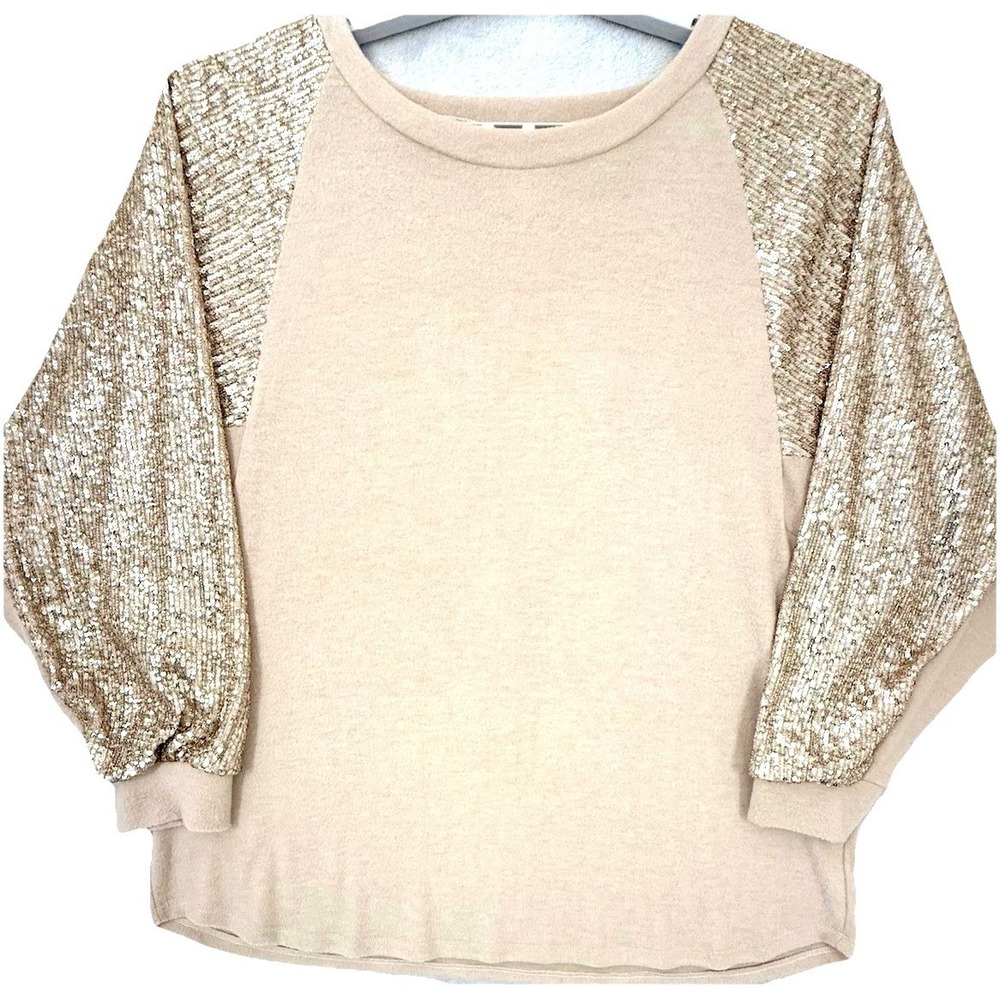 7th Ray Sequin Sleeve Top Women XL Beige Gold Raglan Knit Pullover Dressy